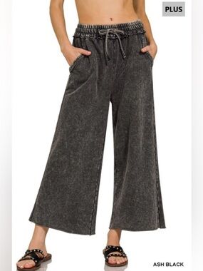 Zenana Outfitters Wide Leg Drawstring Pants in Ash Black